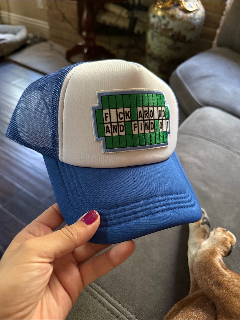 Blue and White Trucker Hat with Green Patch unisex SnapBack
